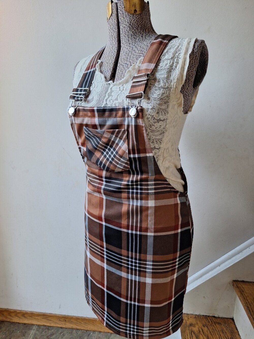Stretchy Overalls Dress Streetwear Society Plaid Farmer Country Schoolgirl